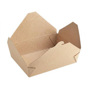 Premium kraft folded paper #2 takeout container shown open, showing the fold-top closure and grease-resistant natural brown paper build.
