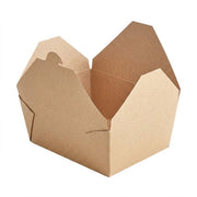 Premium kraft folded paper #4 takeout container shown open, showing the fold-top closure and grease-resistant natural brown paper build.
