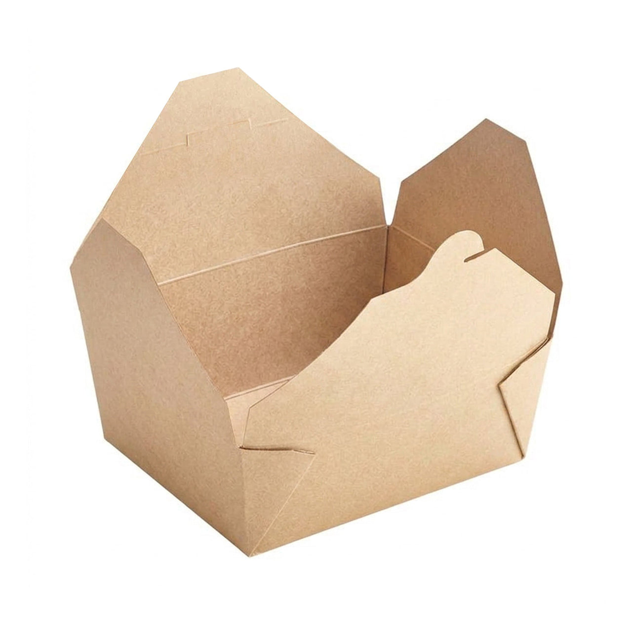 Premium kraft folded paper #8 takeout container shown open, showing the fold-top closure and grease-resistant natural brown paper build.
