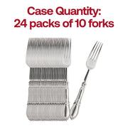 Premium silver Baroque plastic forks, durable and elegant, sold in a 240-pack for large events
