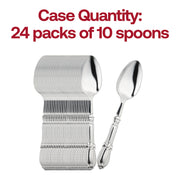 Premium silver Baroque plastic spoons, durable and elegant, sold in a 240-pack for large events