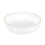 Premium white heavyweight plastic serving bowl with metallic gold rim, chic disposable tableware for sophisticated wedding receptions.