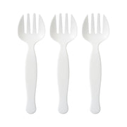 Premium white plastic serving forks shown at an angle, showing the reinforced handle and sturdy tines of this heavy-duty disposable serveware.
