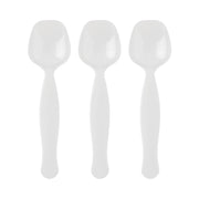 Premium white plastic serving spoons shown at an angle, showing the reinforced handle and deep bowl of this heavy-duty disposable serveware.
