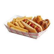 Product size specifications for 8 oz red plaid paper food tray, showing 6 inch length and exact dimensions for catering table planning.