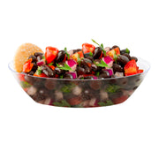 Product size specifications for clear oval plastic bowl, 11.25 inches long by 7.25 inches wide, showing depth for party planning.