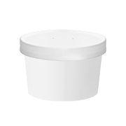 Professional-grade 12 oz white squat paper food container with vented lid, sturdy disposable takeout packaging for catering and party supplies.
