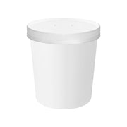 Professional-grade 16 oz white squat paper food container with vented lid, sturdy disposable takeout packaging for wedding party supplies.