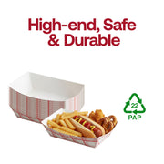 Professional chef serving appetizers in red plaid disposable trays, high-quality grease-resistant paper boats for food trucks and street food.