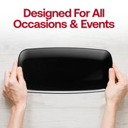 Rectangular black disposable plates with a sleek flat design and raised edges, 10.6x5 inches, sold as a set of 120
