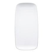 Rectangular white disposable plastic plate with a silver rim and flat raised edges, measuring 10.6x5 inches, sold in a 120-pack