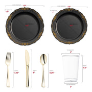 Recyclable, BPA-free plastic makes the Black with Gold Vintage Rim Set safe, stylish, and eco-friendly