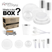 Recyclable and BPA-free, the Clear with Silver Vintage Tableware Set offers stylish sustainability for all upscale gatherings