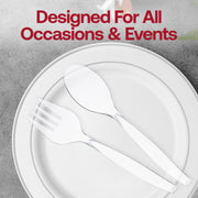 Recyclable clear plastic serving spoons, 9.75 inches, eco-friendly and disposable, available in a pack of 150.