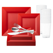 Red Square Plastic Wedding Value Set with silver cutlery delivers vibrant elegance for weddings and formal celebrations