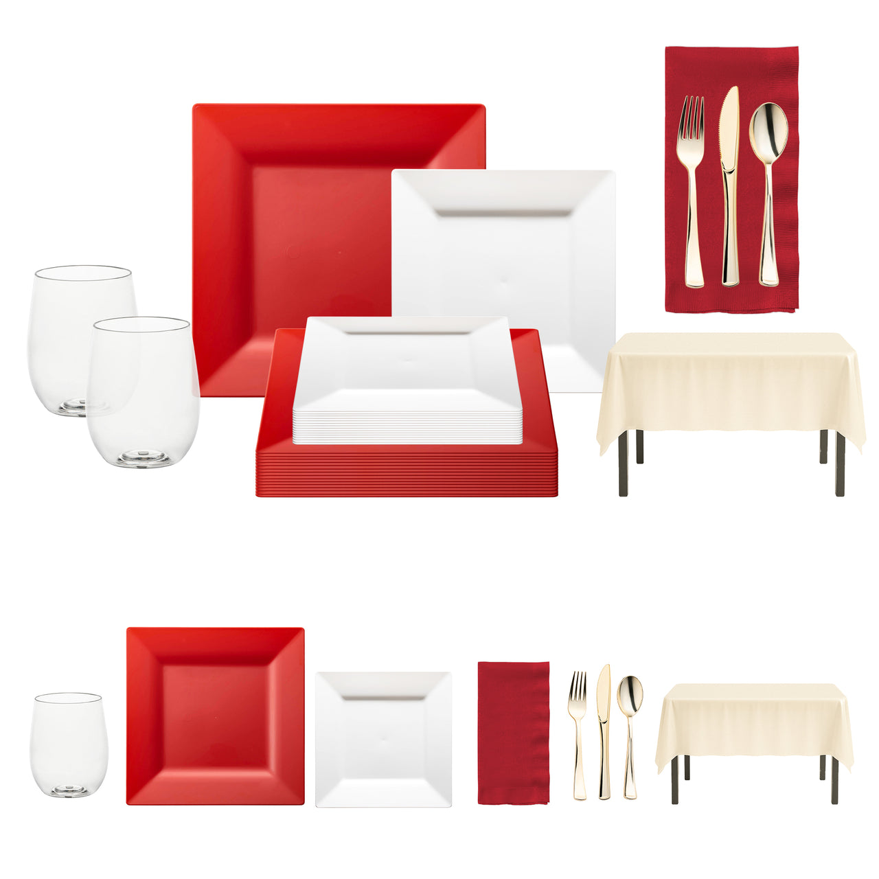 Red dinner plates and white cake plates from the XOXO Set arranged for a romantic dinner celebration