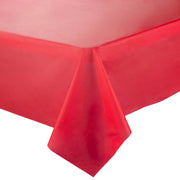 Red rectangular disposable plastic tablecloth measuring 54 x 108 inches, perfect for parties, events, and gatherings, sold in a 96-pack.