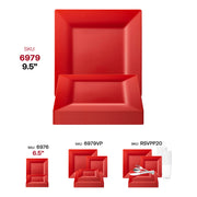 Red square plastic plates, 9.5-inch diameter, sturdy and disposable, great for serving meals