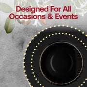 Refined black-and-gold wedding tableware scene showcasing the luxurious design of the Pearl String Tableware Set