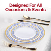 Refined celebration ambiance created with the White with Blue and Gold Chord Rim Plastic Wedding Set for sophisticated events