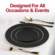 Refined party table featuring Black with Gold Pearl String plates and gold cutlery for an elegant modern setup.