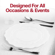 Refined party tablescape using Pearl White Lotus Plates, ideal for weddings, anniversaries, or upscale receptions