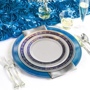 Refined reception scene using the White with Blue and Silver Royal Rim Plastic Wedding Set for luxurious occasions