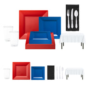 Represent your team colors proudly with this red, white, and blue disposable dinnerware set.