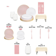 Romantic celebration table set using the You Had Me at Hello Set, complete with stemless wine glasses and pink napkins