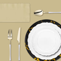 Romantic disposable tableware package with coordinated clear and gold elements for receptions