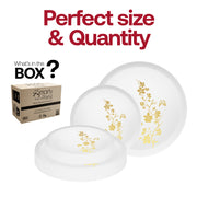 Romantic white and gold floral plastic dinner plates used in catered event for elegant table design