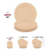 Round 10-inch disposable dinner plates in matte bright yellow plastic, sold as a 120-count pack for festive occasions