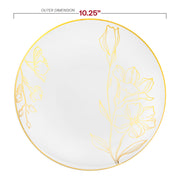 Round 10.25-inch white dinner plates with elegant gold antique floral detailing