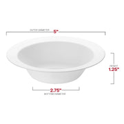 Round 5 oz disposable dessert bowls in solid white with a edge rim, durable plastic material