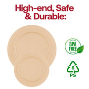 Round appetizer or salad plates in matte bright yellow, made of sturdy disposable plastic, BPA-free