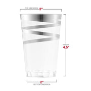 Round clear plastic tumblers with stylish silver swirls, 12 oz capacity, perfect for weddings and celebrations