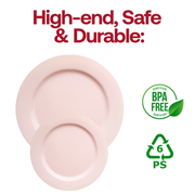 Round disposable 7.5-inch appetizer plates in matte pink plastic, BPA-free