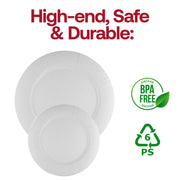 Round disposable charger plates in white with a shimmering glitz effect, 13-inch size, BPA-free