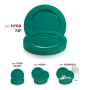 Round disposable green appetizer plates, 7.5-inch durable plastic, sold as a 120-pack for holiday parties or gatherings