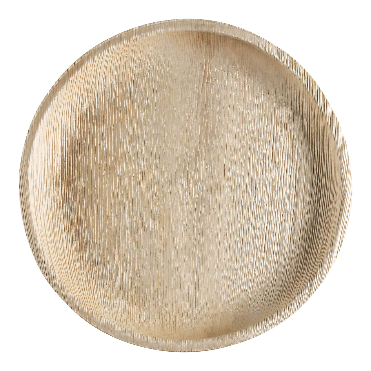 Round palm leaf eco-friendly disposable platters, 12-inch diameter, natural wood-like finish