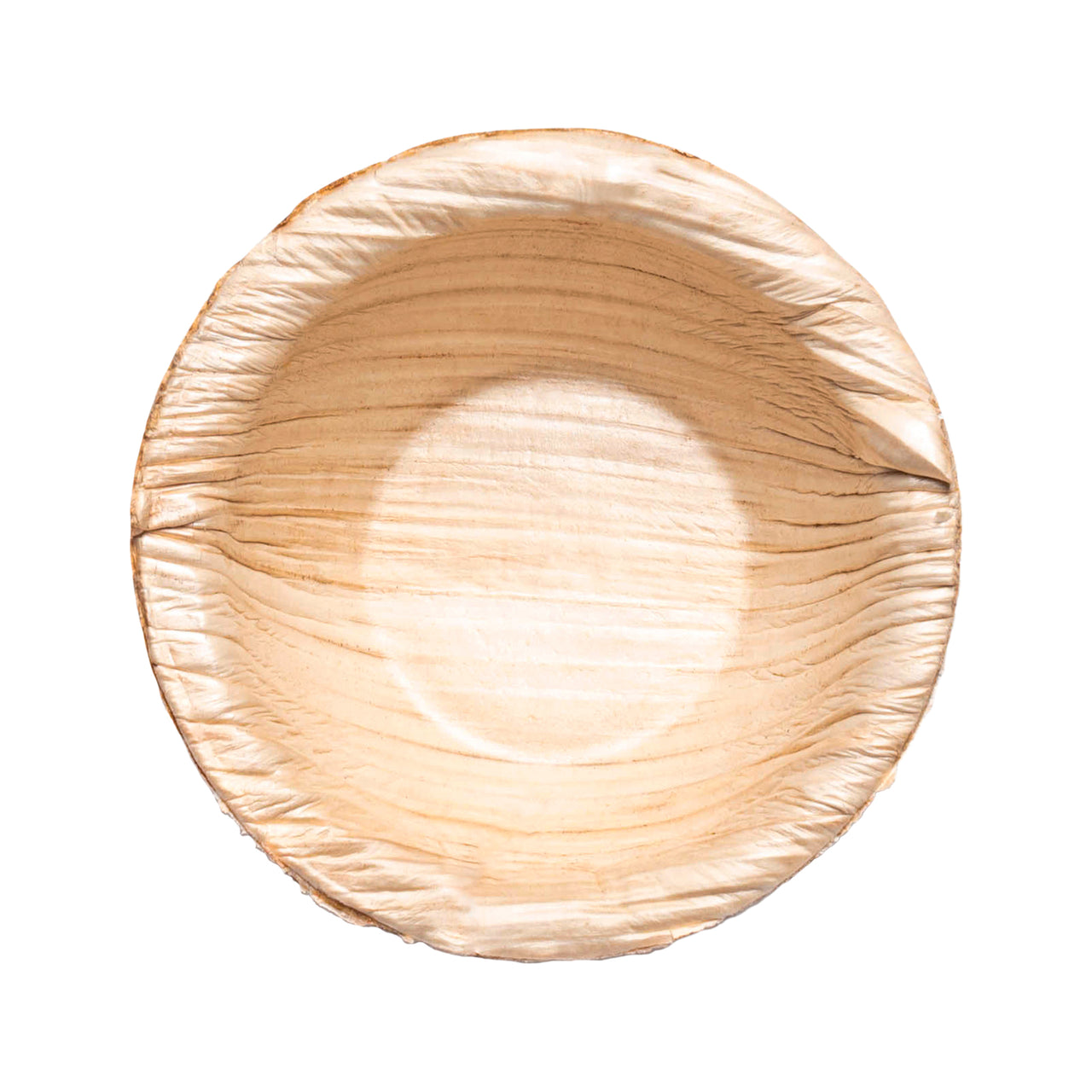 Round palm leaf mini disposable dip bowls, 2.5" in diameter, 0.5 oz capacity, eco-friendly and biodegradable, 100 bowls per case.