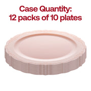 Round pink disposable dinner plates with a vintage aesthetic, made from sturdy plastic, 10-inch size, BPA Free