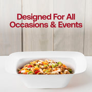 Rounded square 12 oz disposable soup bowls in solid white, durable plastic construction, ideal for events, pack of 120