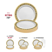 Royal-themed white plastic salad plates with a black and gold rim, 7.5-inch diameter, 120-pack
