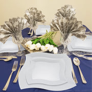 SKU 7900VS20 showing labeled plates, forks, knives, spoons, and cups from the complete White Wave Wedding Value Set.