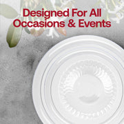 SKU 830-CL-VS60box showcasing the entire set: dinnerware, utensils, 6.25-inch bowls, and 3.75-inch clear matching cups