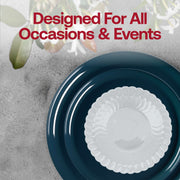 SKU 830-N-VS60box displaying all contents: dinner and appetizer plates, gold utensils, 6.25” bowls, and 3.75” cups included