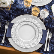 SKU 850VS20 with labeled items: dinner and appetizer plates, forks, knives, spoons, and cups—components of the White with Silver Hammered Rim Round Plastic Wedding Value Set