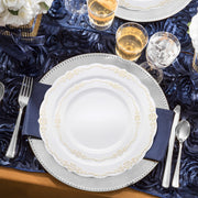 SKU 860GVS20 displays clearly labeled components—dinner and appetizer plates, spoons, forks, knives, and cups—from the White with Gold Vintage Rim Round Disposable Plastic Wedding Value Set
