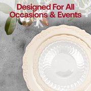 SKU 860IV-VS60box displaying full contents: dinner and appetizer plates, utensils, bowls, and 3.75-inch cups for full service